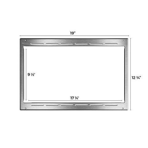 Stainless steel microwave trim kit bezel for Contoure RV-787S, showing front dimensions of 19 inches width, 12 and 3/4 inches height, and interior cutout measurements of 17 and 1/4 inches by 9 and 1/2 inches.